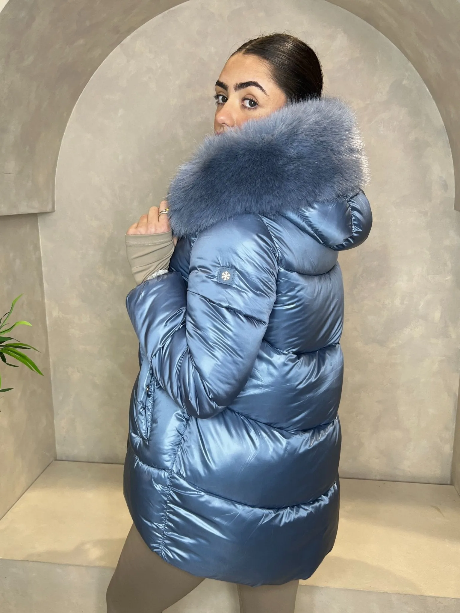 Powder Blue Faux Fur Hood Puffer Jacket