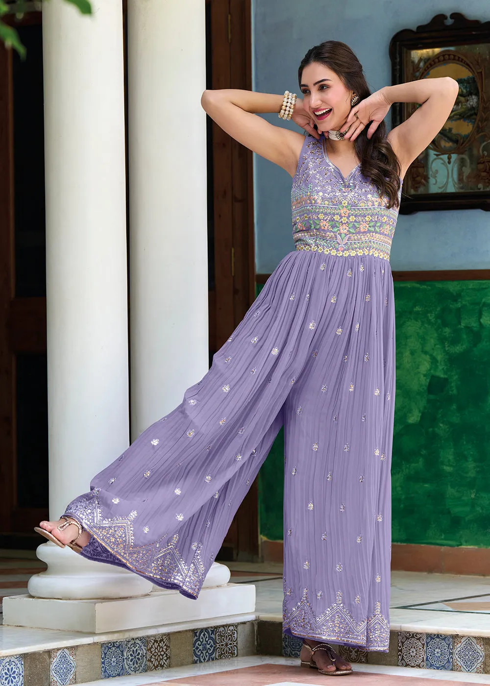 Pretty Lilac Indo-Western Embroidered Georgette Jumpsuit