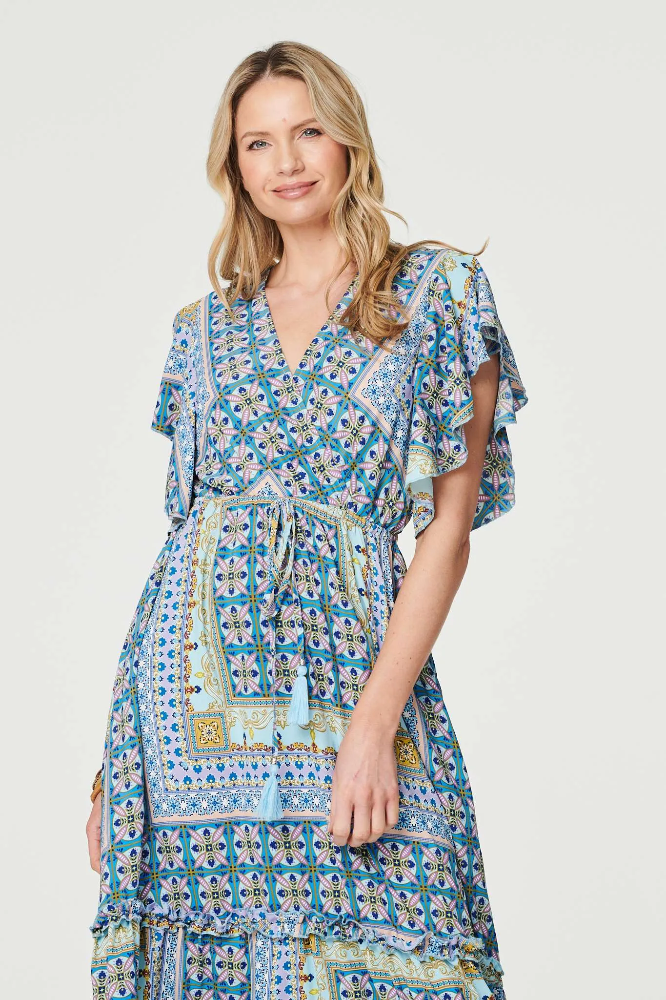 Printed Frill Sleeve Maxi Dress