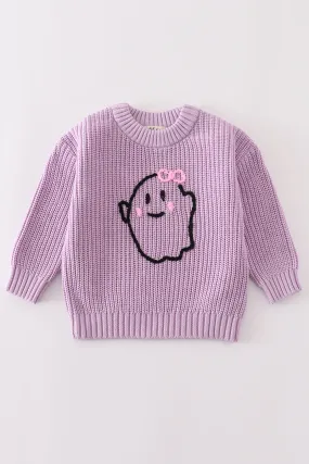 Purple hand-embroidery ghost pullover sweater