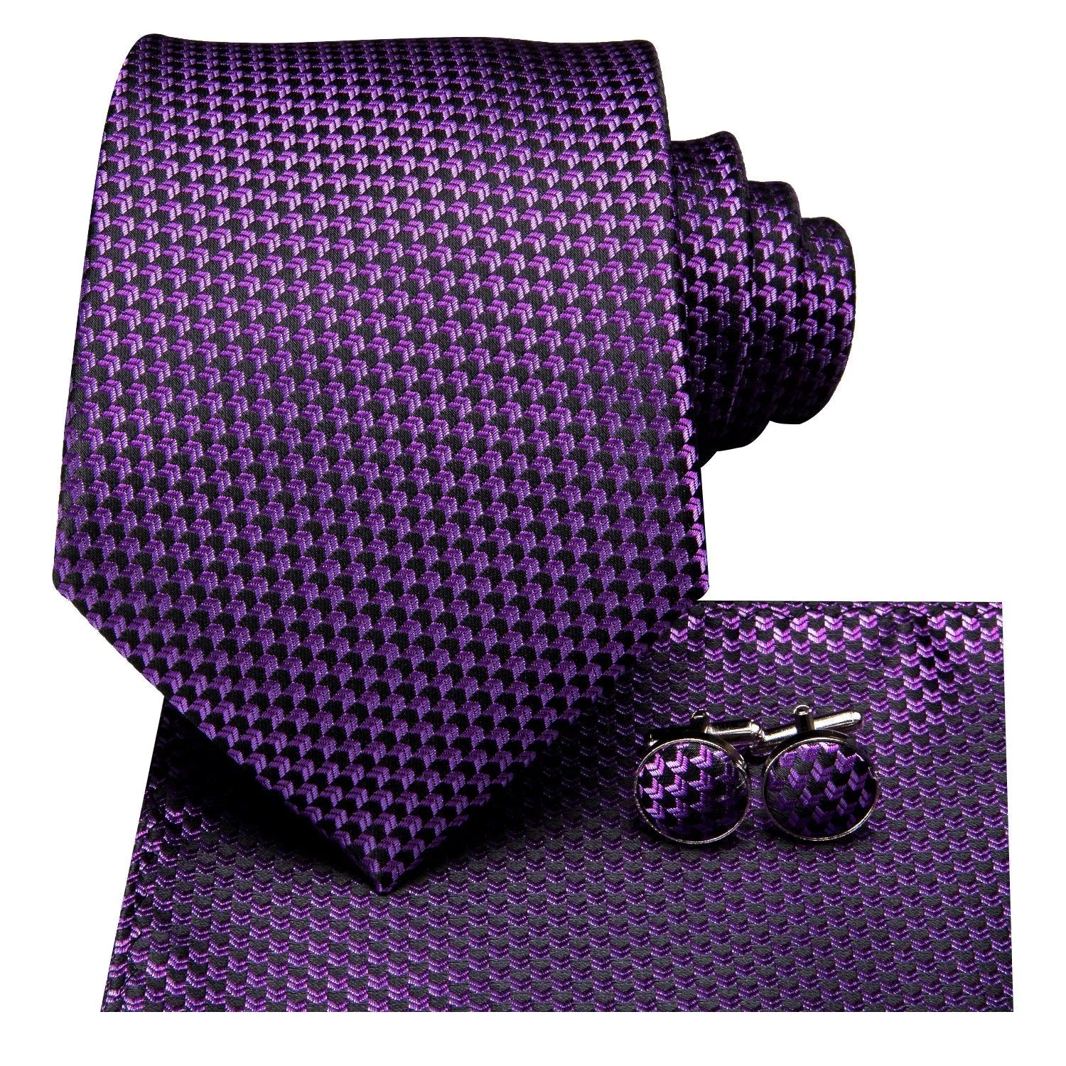 Purple Plaid 63 Inches Extra Long Men's Necktie Pocket Square Cufflinks Set