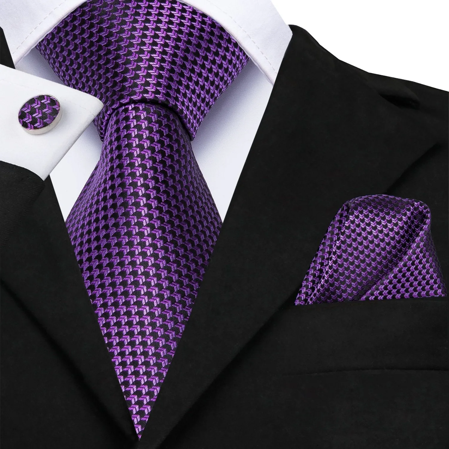 Purple Plaid 63 Inches Extra Long Men's Necktie Pocket Square Cufflinks Set