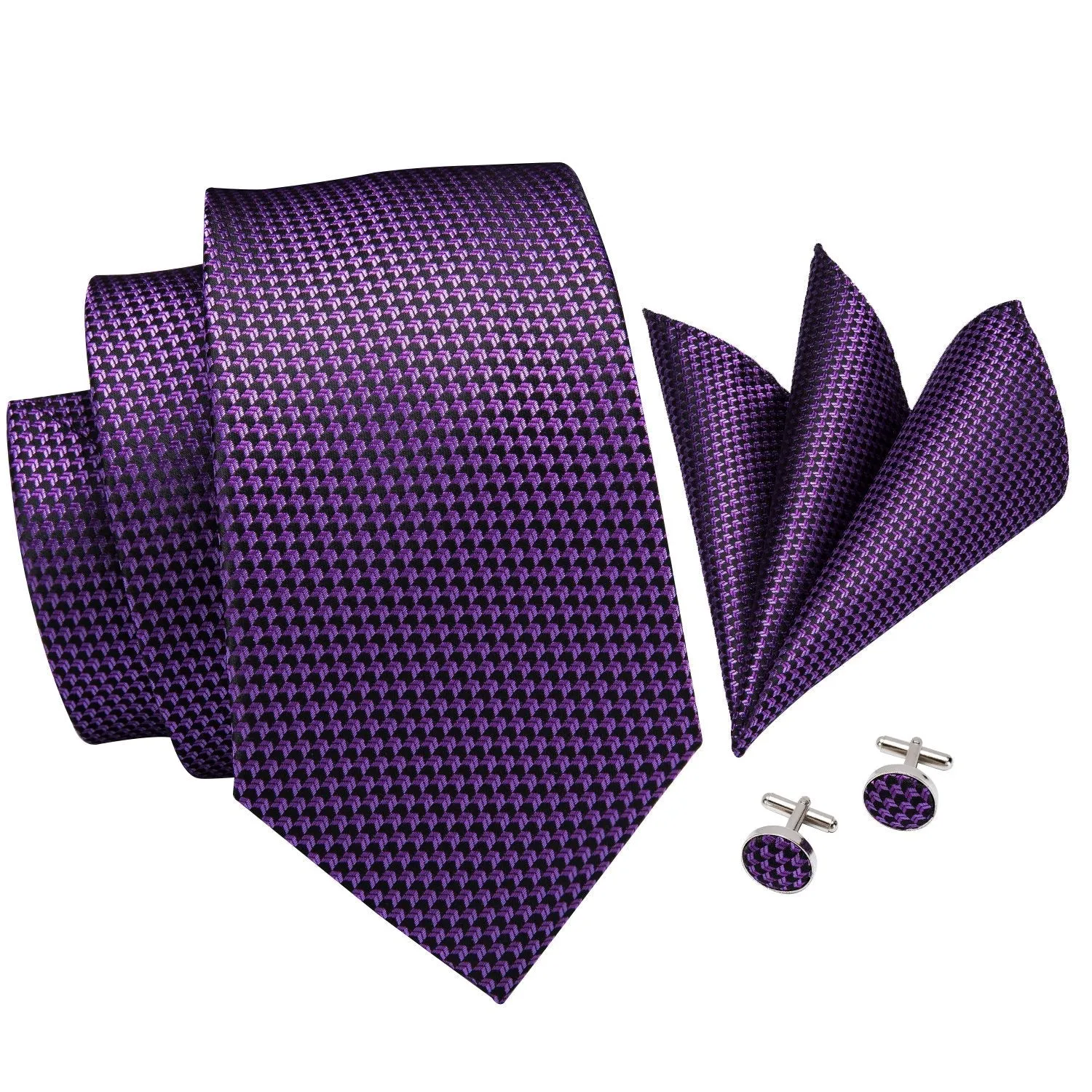 Purple Plaid 63 Inches Extra Long Men's Necktie Pocket Square Cufflinks Set