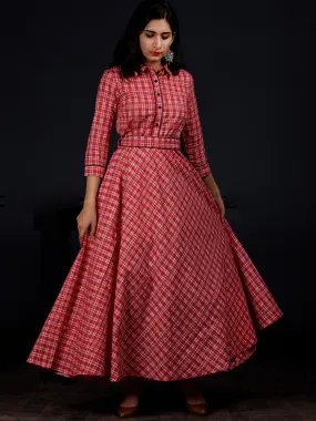 Red White Check Hand Woven Ikat Cotton Long Dress With Shirt Collar And Waist Belt - D235F1264