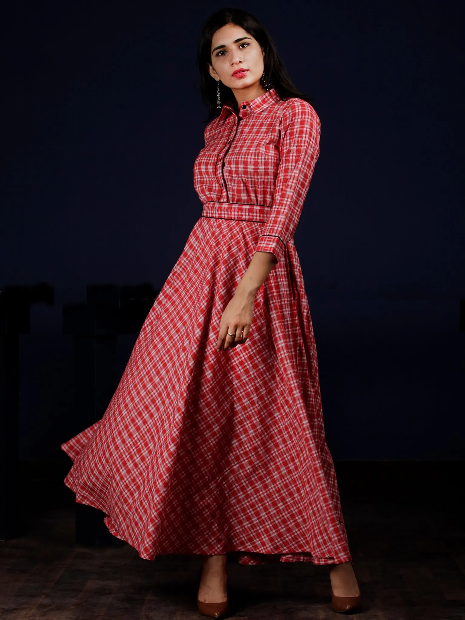 Red White Check Hand Woven Ikat Cotton Long Dress With Shirt Collar And Waist Belt - D235F1264