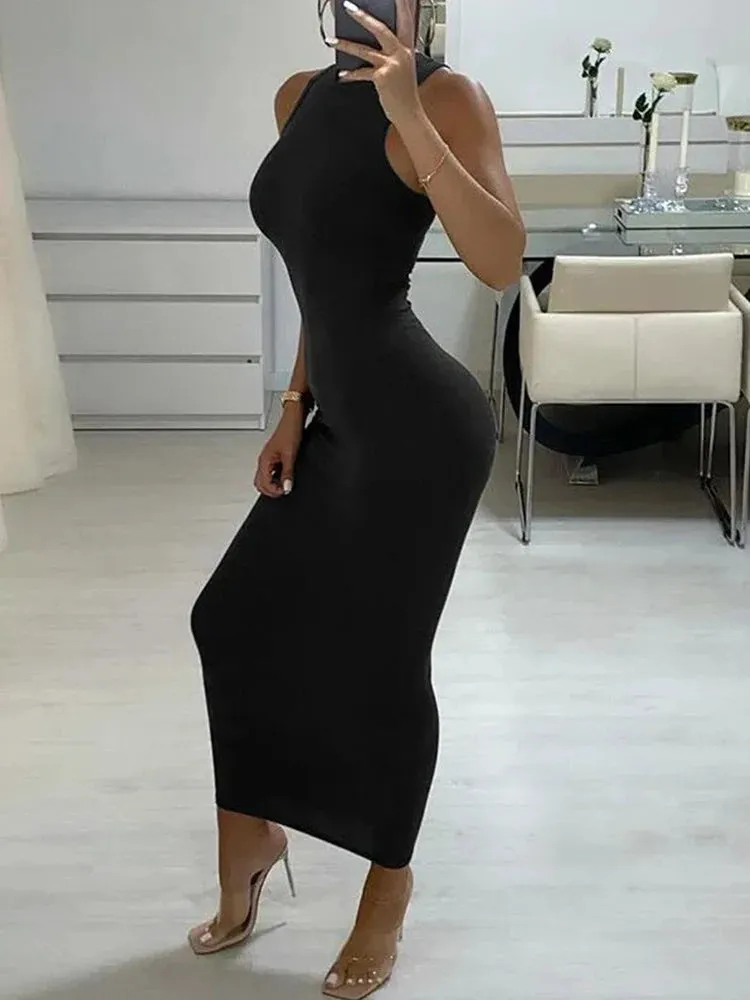 Ribbed Black Long And Round Neck Tight Maxi Dress