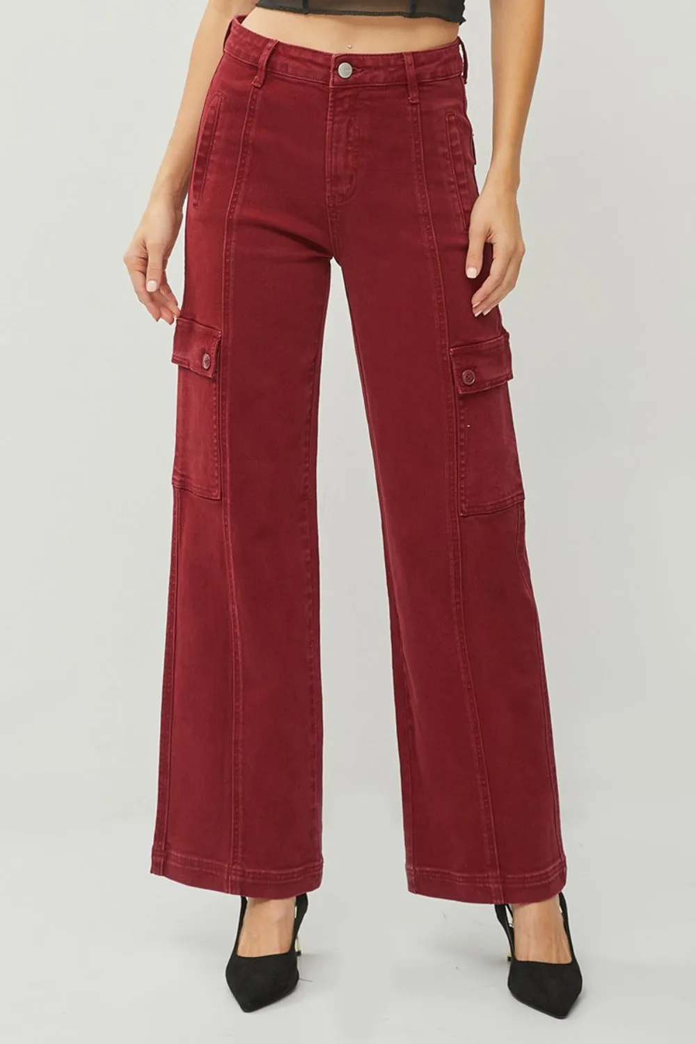 RISEN Wide Leg Cargo Jeans Burgundy High Waist Women Cotton Denim Pants Pocketed