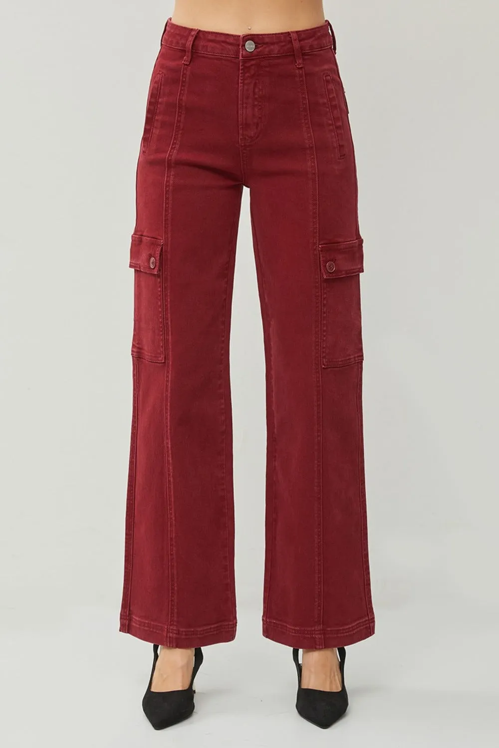 RISEN Wide Leg Cargo Jeans Burgundy High Waist Women Cotton Denim Pants Pocketed