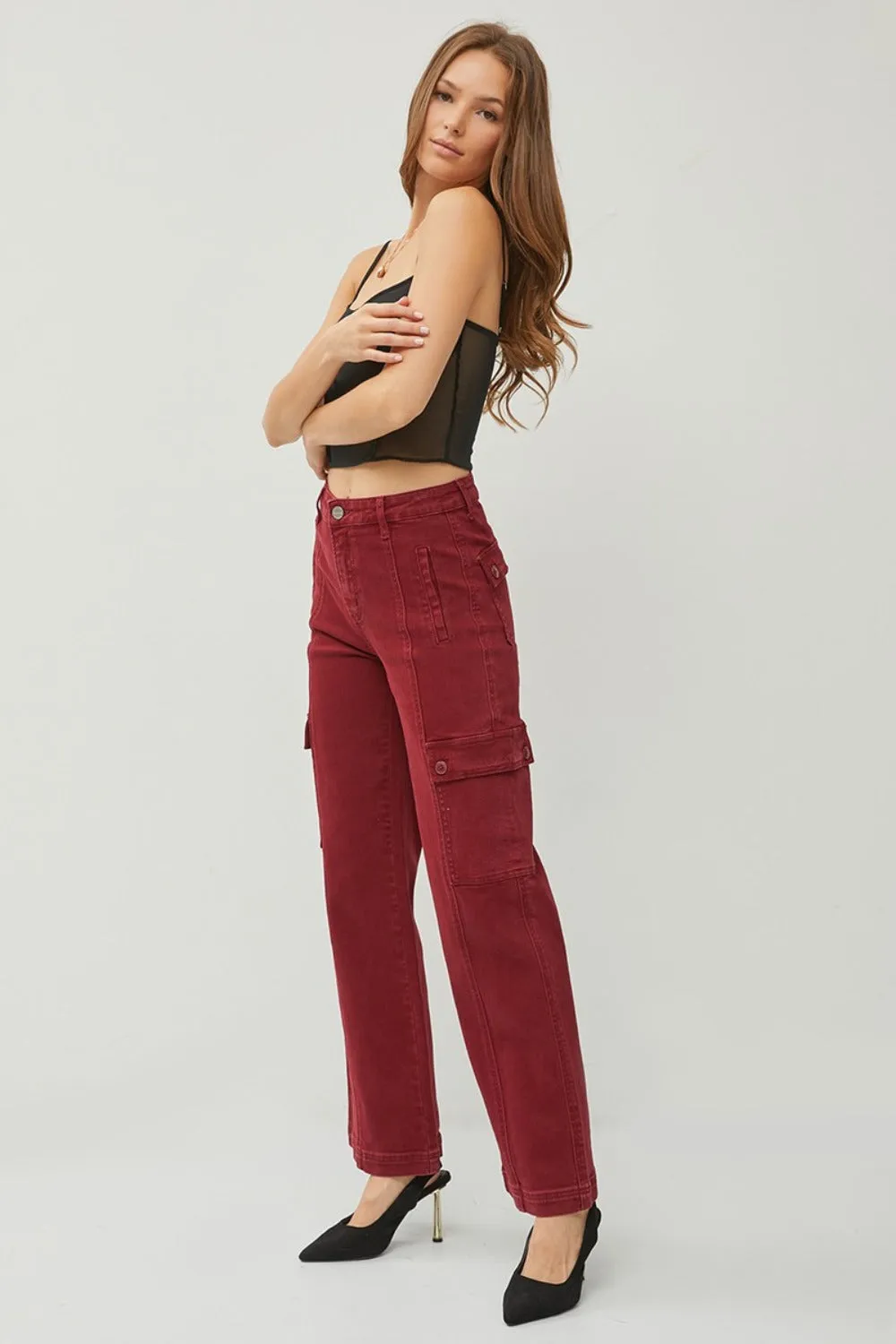 RISEN Wide Leg Cargo Jeans Burgundy High Waist Women Cotton Denim Pants Pocketed