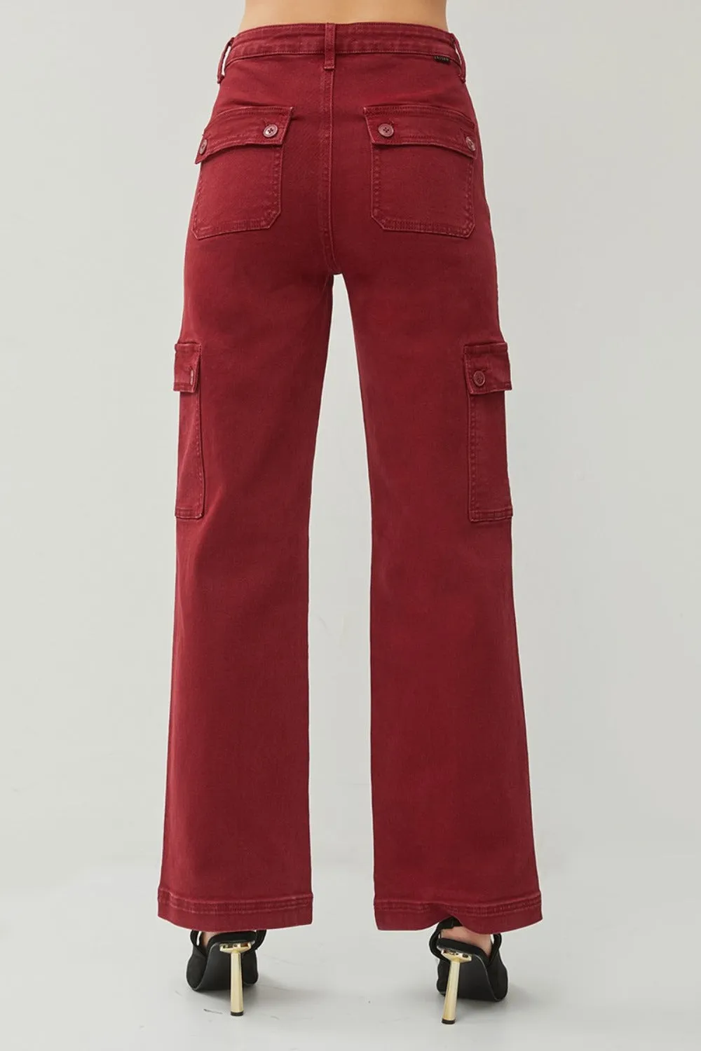 RISEN Wide Leg Cargo Jeans Burgundy High Waist Women Cotton Denim Pants Pocketed