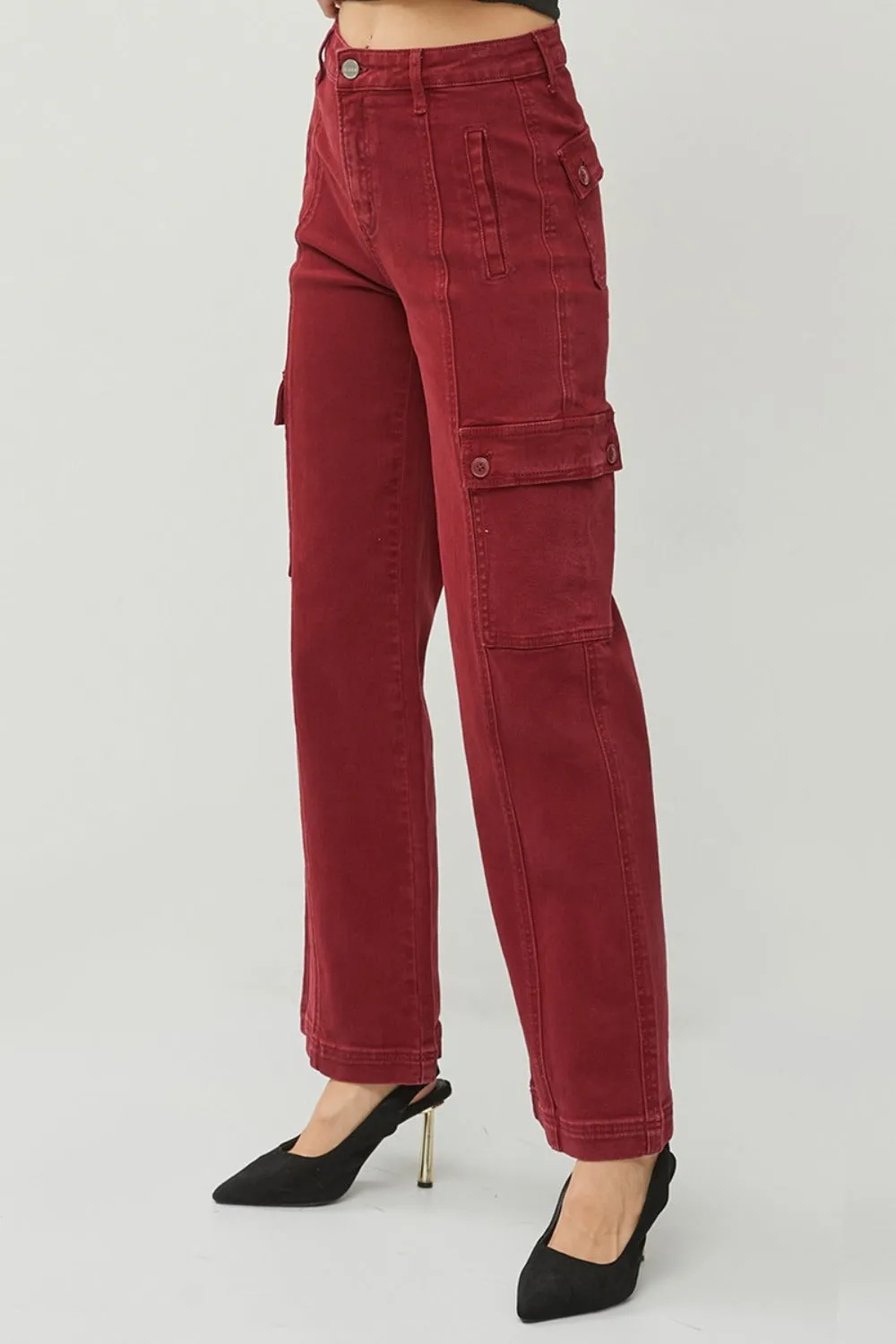 RISEN Wide Leg Cargo Jeans Burgundy High Waist Women Cotton Denim Pants Pocketed