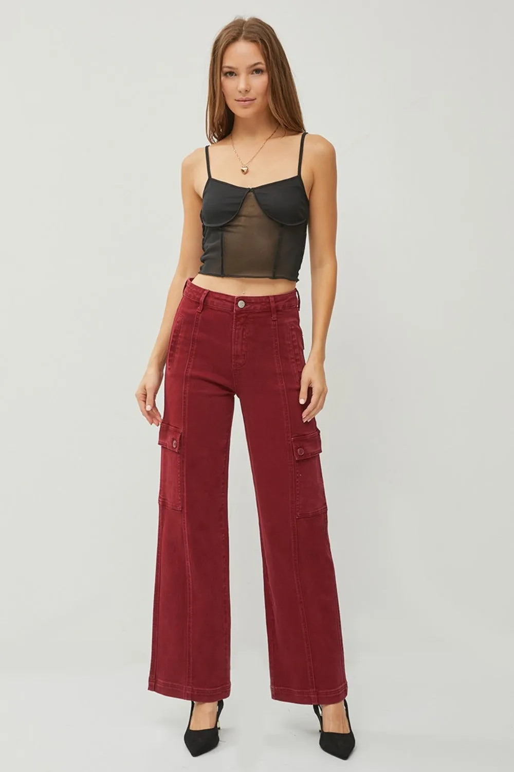 RISEN Wide Leg Cargo Jeans Burgundy High Waist Women Cotton Denim Pants Pocketed