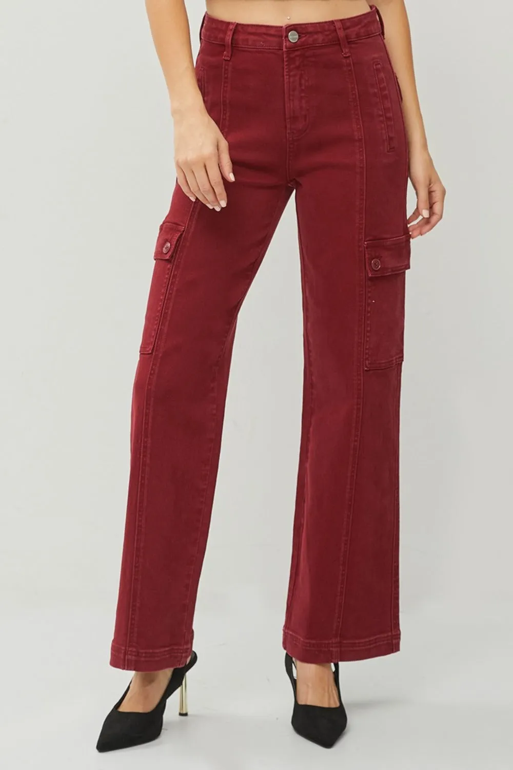 RISEN Wide Leg Cargo Jeans Burgundy High Waist Women Cotton Denim Pants Pocketed