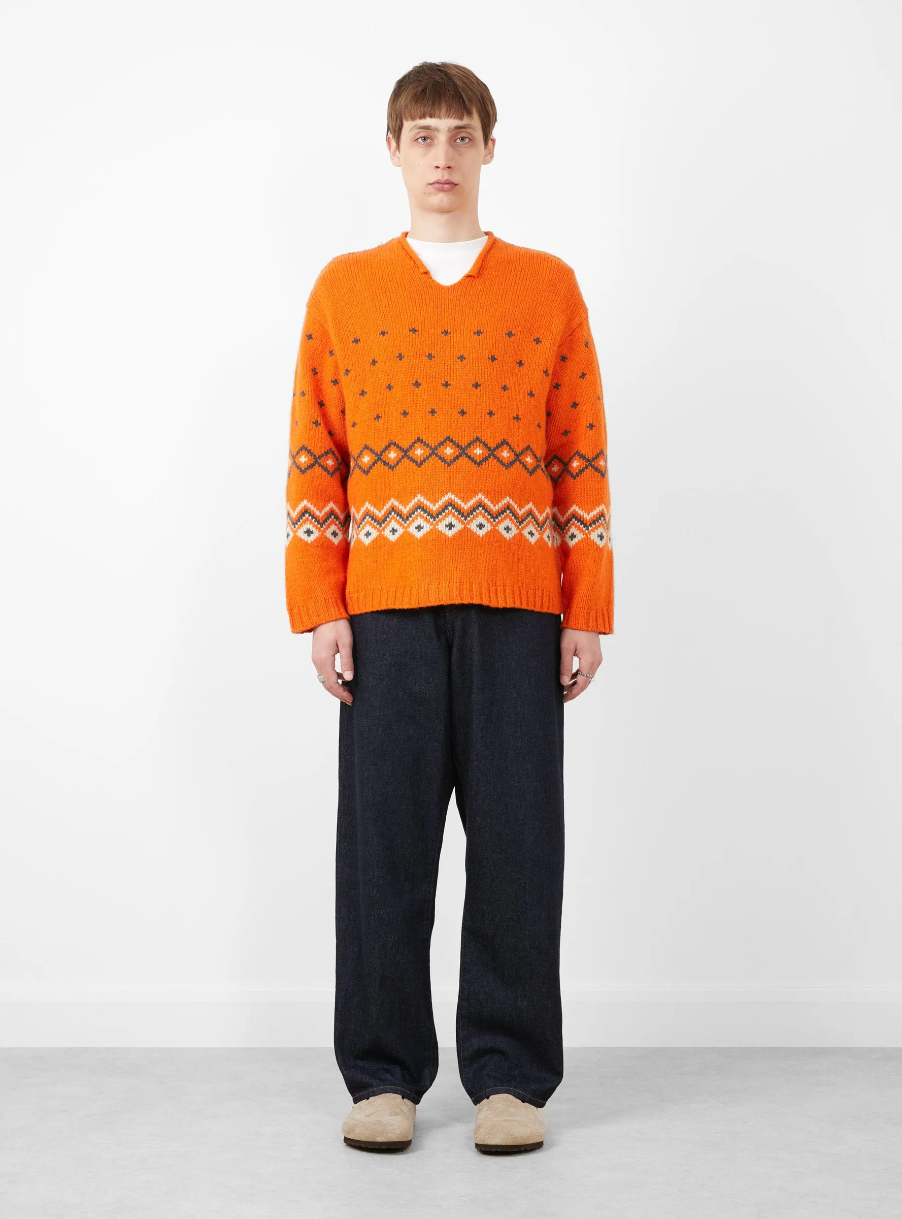 Roll V Neck Fairisle Sweater Orange