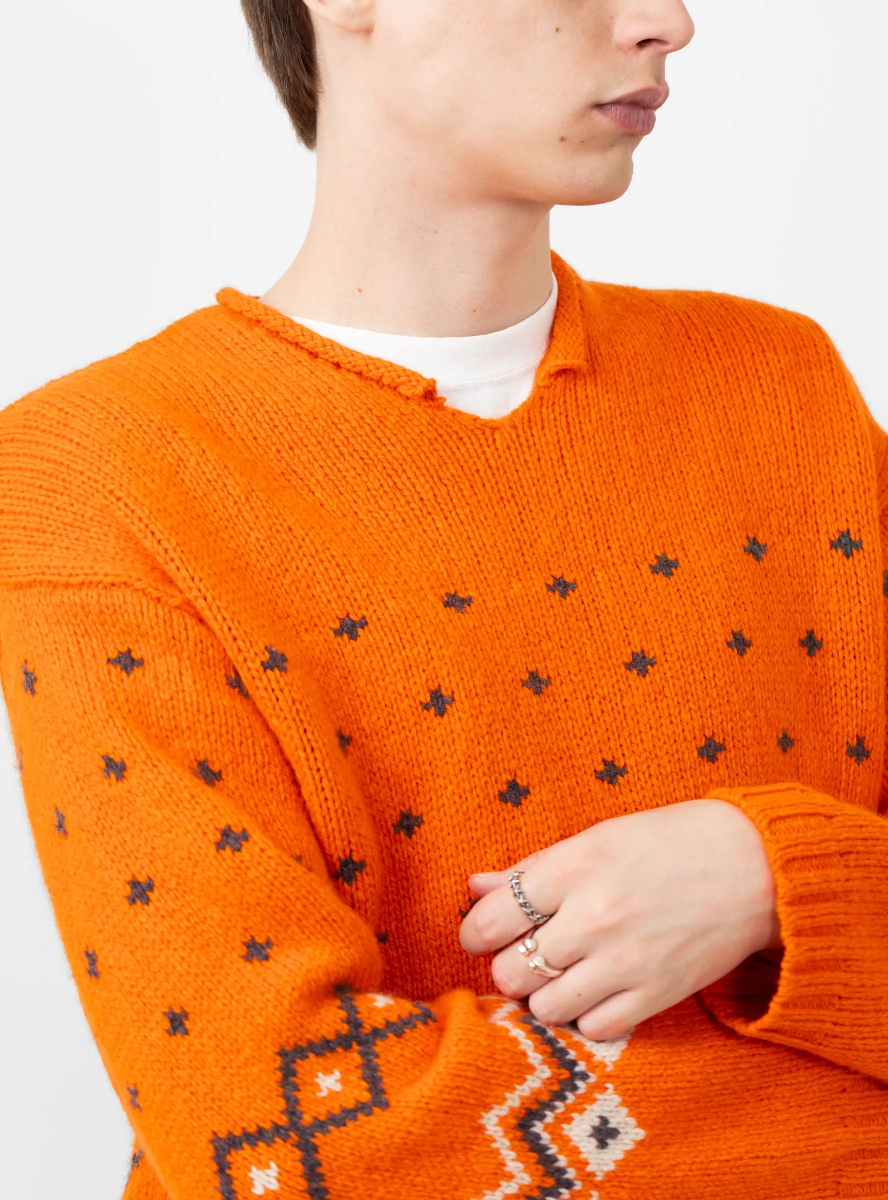 Roll V Neck Fairisle Sweater Orange