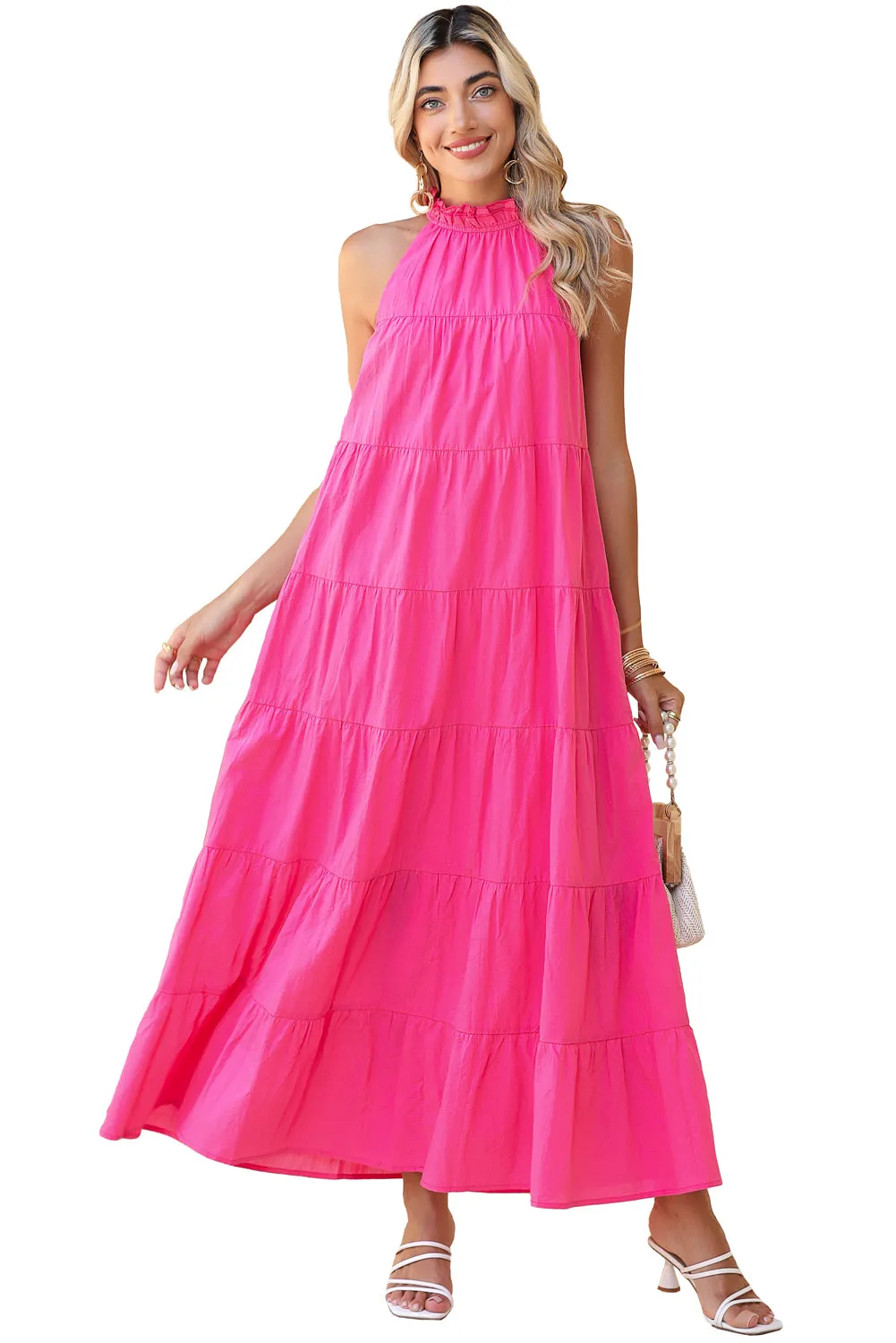 Rose Red Knotted Frill Neck Tiered Flared Maxi Dress