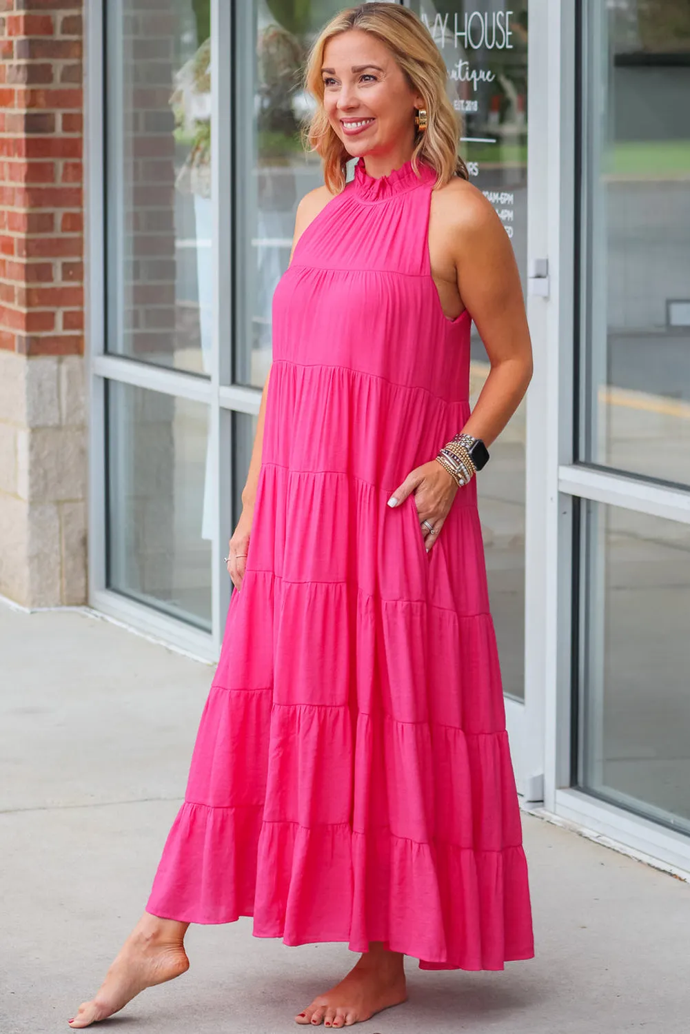 Rose Red Knotted Frill Neck Tiered Flared Maxi Dress