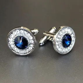 Round Silver Cufflinks with Dark Indigo