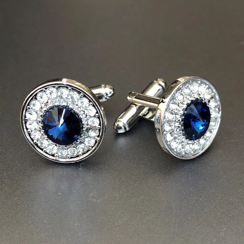 Round Silver Cufflinks with Dark Indigo