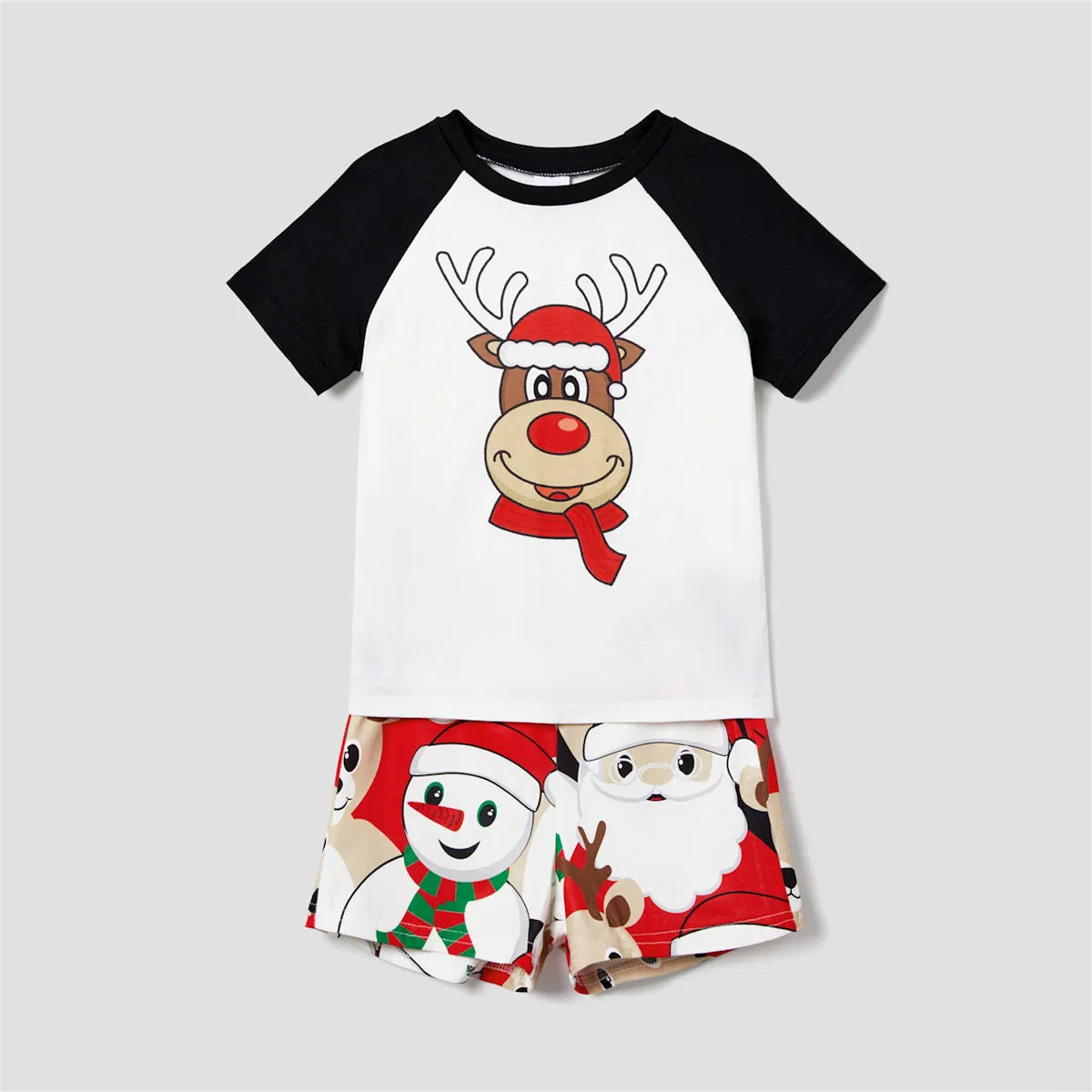 Rudolph Reindeer Hat Scarf Short Sleeve Christmas Pajamas Set Allover Santa Snowman Reindeer Print