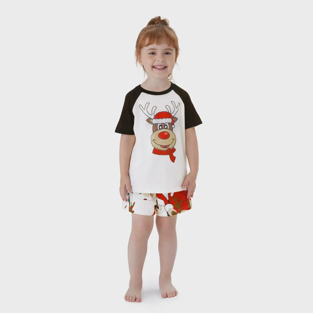 Rudolph Reindeer Hat Scarf Short Sleeve Christmas Pajamas Set Allover Santa Snowman Reindeer Print