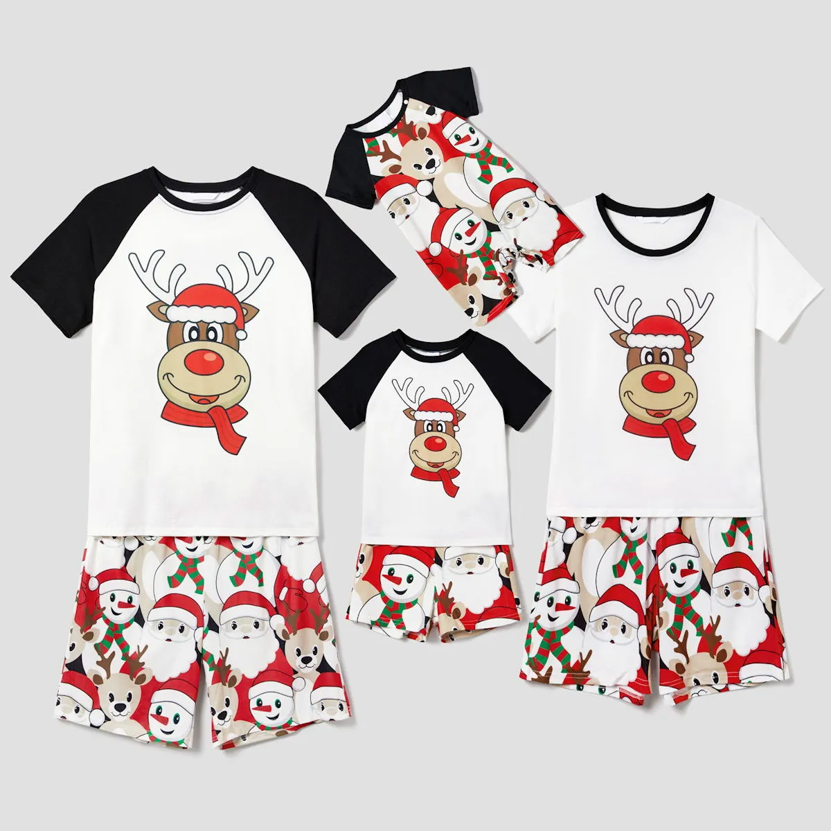 Rudolph Reindeer Hat Scarf Short Sleeve Christmas Pajamas Set Allover Santa Snowman Reindeer Print