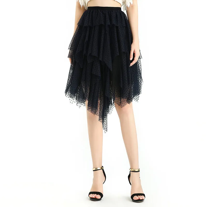 S077 Women flocked tulle multi-layers asymmetric party short skirt