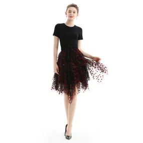 S077 Women flocked tulle multi-layers asymmetric party short skirt