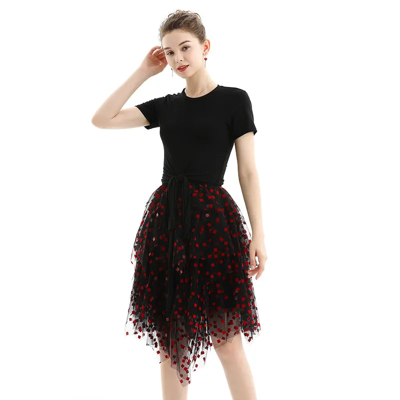 S077 Women flocked tulle multi-layers asymmetric party short skirt