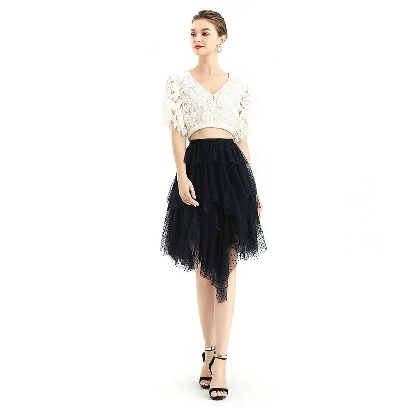 S077 Women flocked tulle multi-layers asymmetric party short skirt