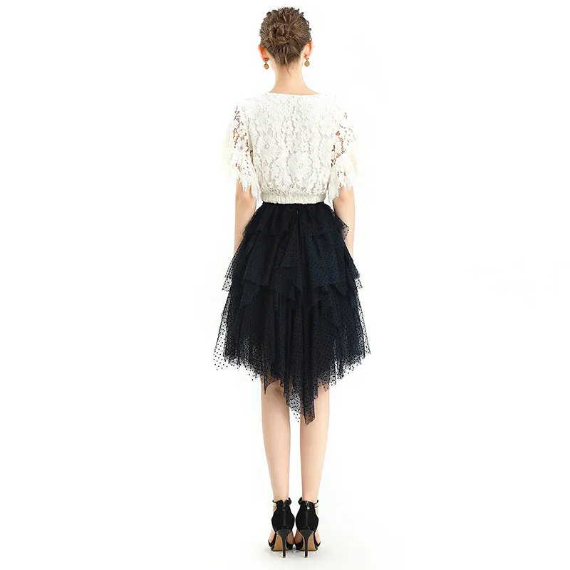 S077 Women flocked tulle multi-layers asymmetric party short skirt