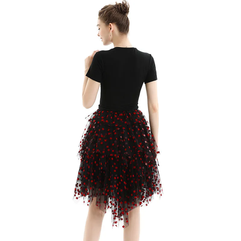 S077 Women flocked tulle multi-layers asymmetric party short skirt