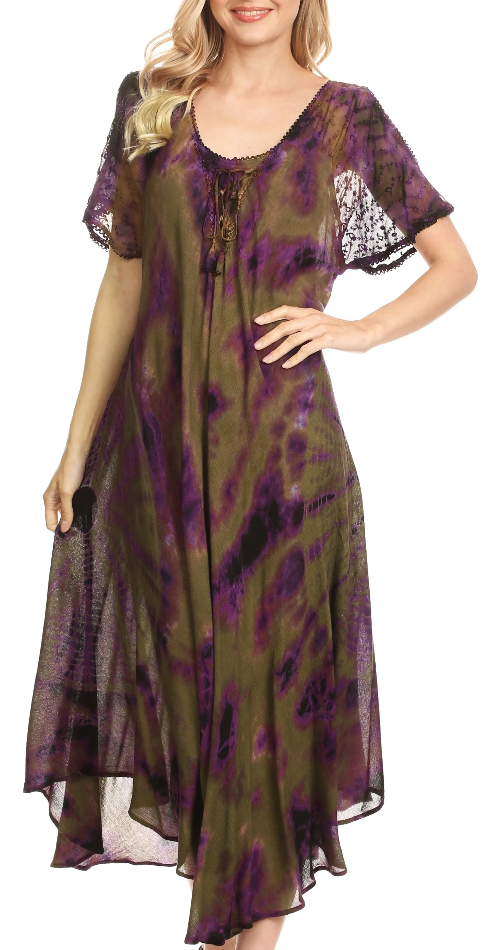 Sakkas Ada Women Cold Shoulder Caftan Relax Long Maxi Dress on Tie-dye with Corset