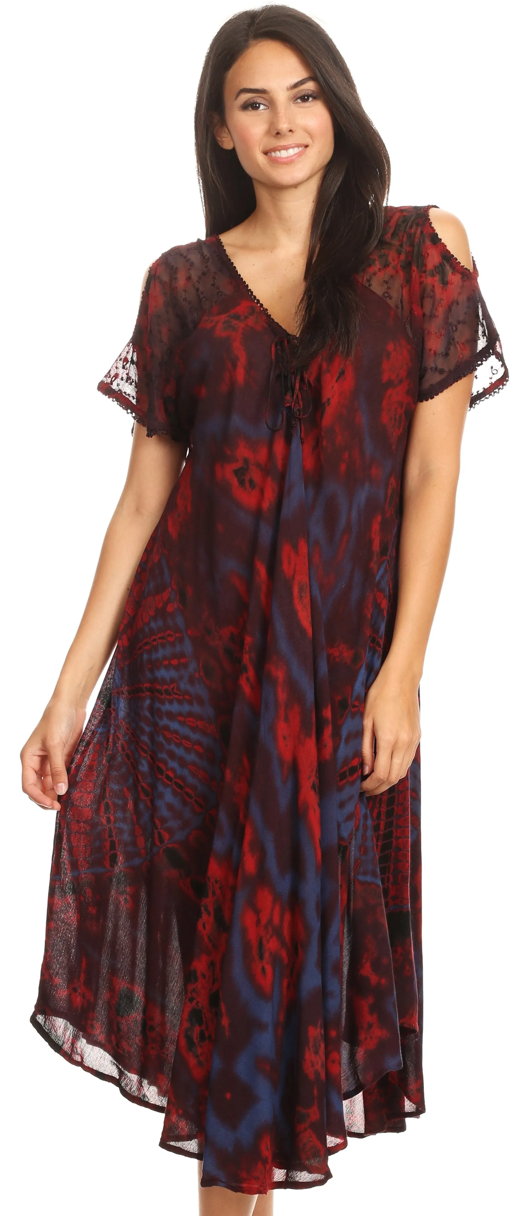 Sakkas Ada Women Cold Shoulder Caftan Relax Long Maxi Dress on Tie-dye with Corset