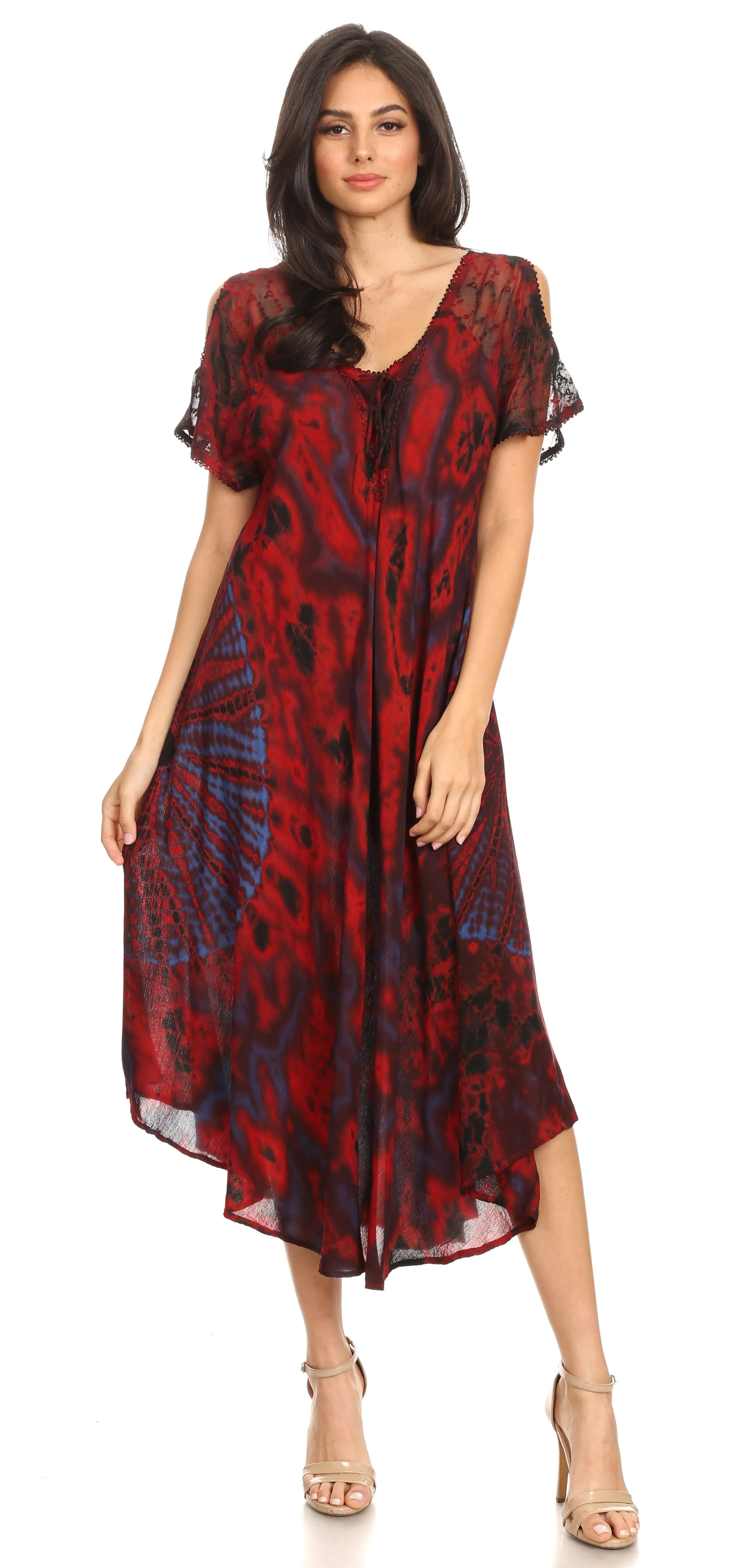 Sakkas Ada Women Cold Shoulder Caftan Relax Long Maxi Dress on Tie-dye with Corset