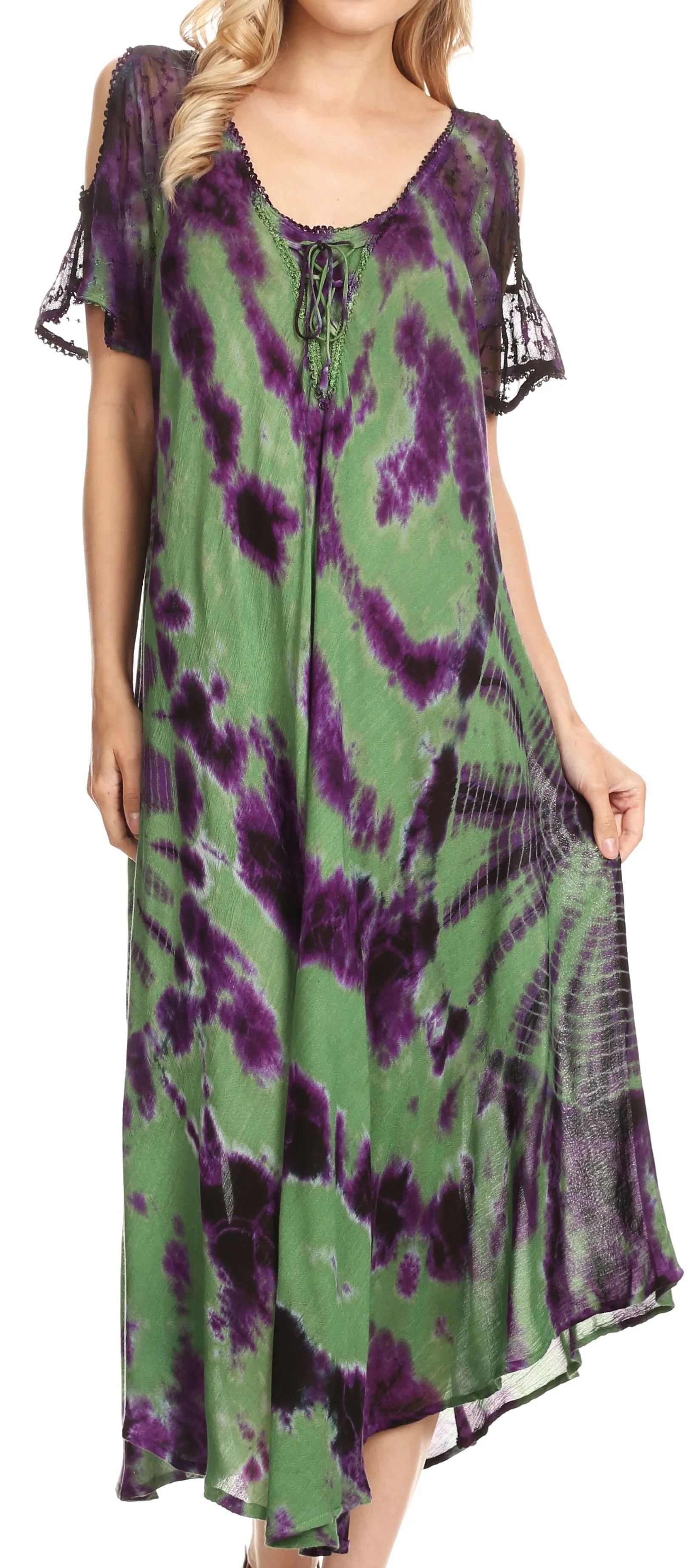 Sakkas Ada Women Cold Shoulder Caftan Relax Long Maxi Dress on Tie-dye with Corset