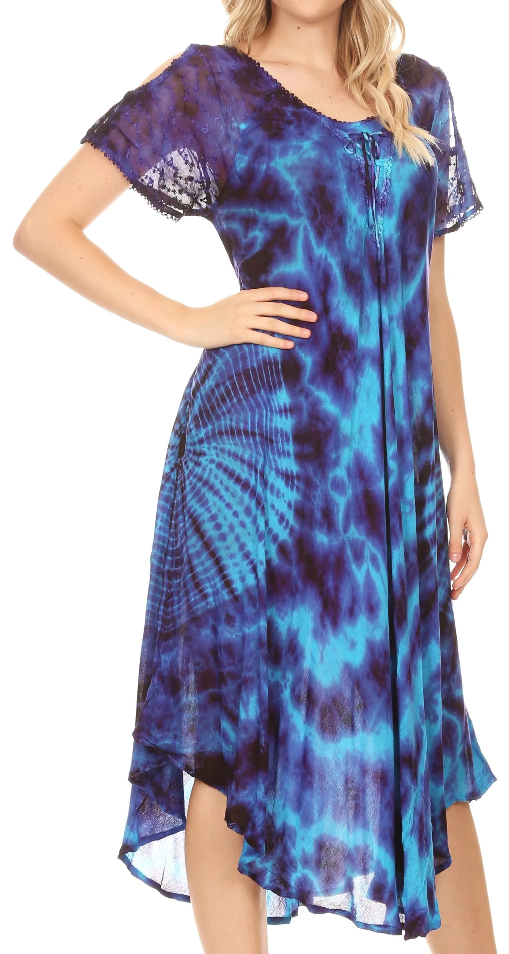 Sakkas Ada Women Cold Shoulder Caftan Relax Long Maxi Dress on Tie-dye with Corset