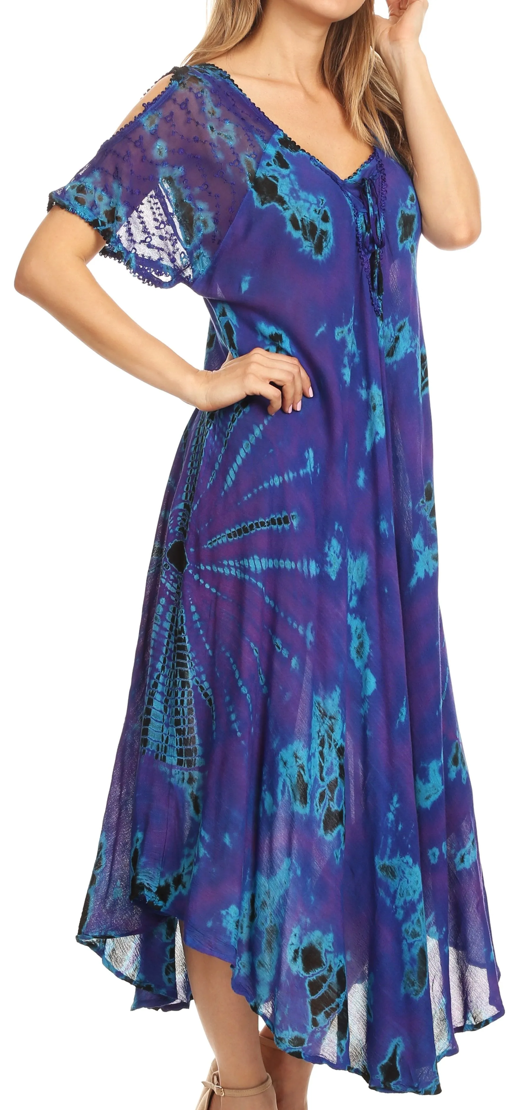 Sakkas Ada Women Cold Shoulder Caftan Relax Long Maxi Dress on Tie-dye with Corset