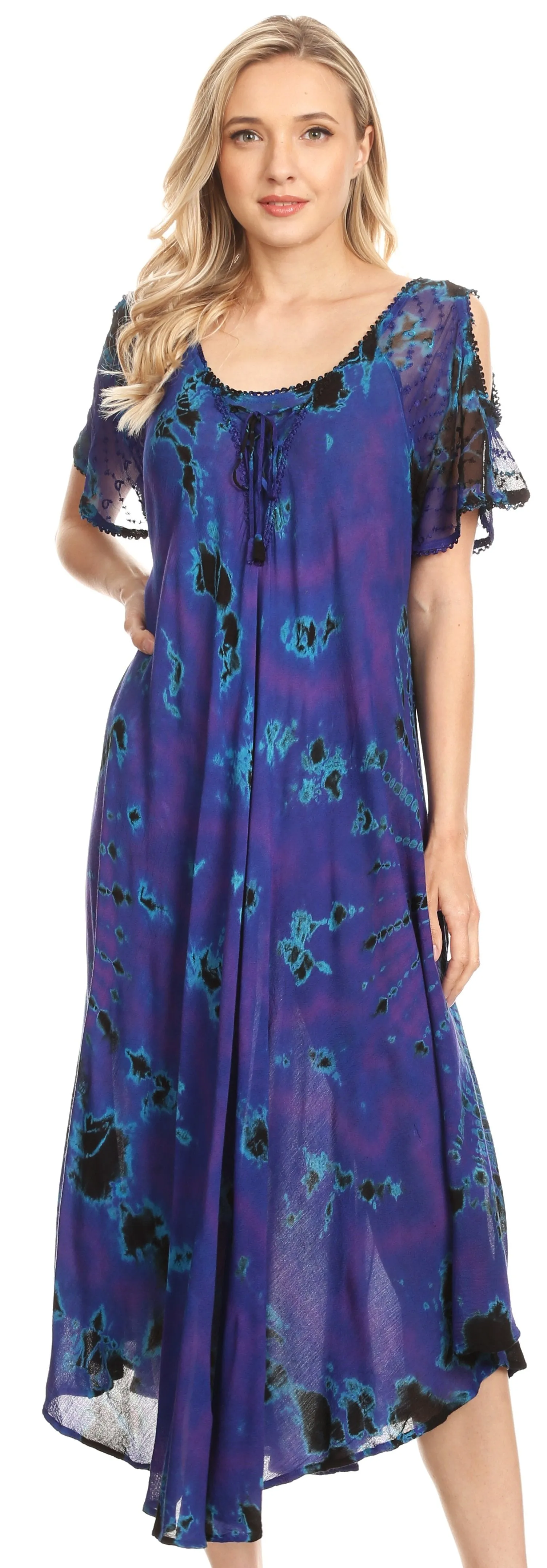 Sakkas Ada Women Cold Shoulder Caftan Relax Long Maxi Dress on Tie-dye with Corset