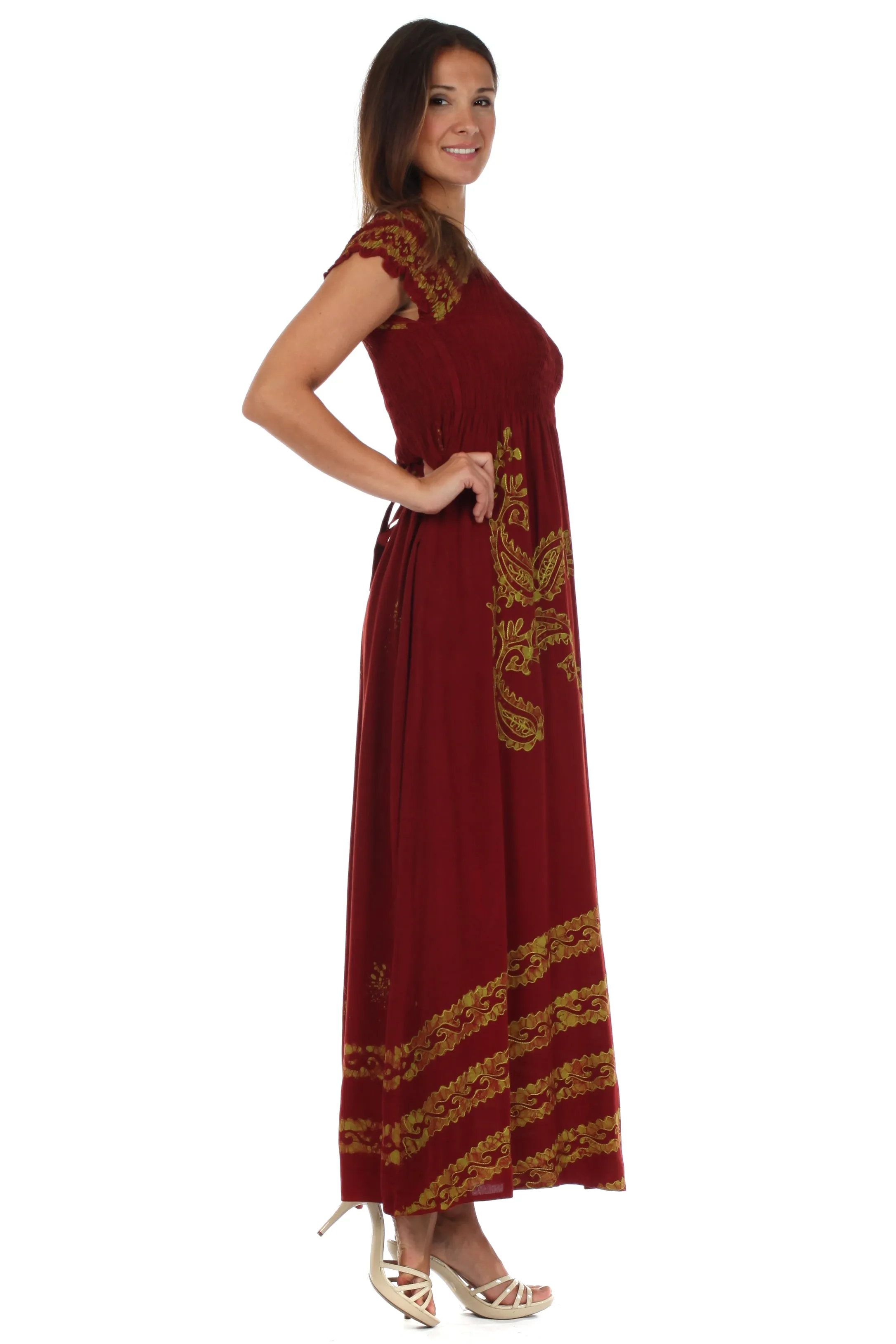 Sakkas Embroidered Batik Smocked Bodice Long Maxi Dress