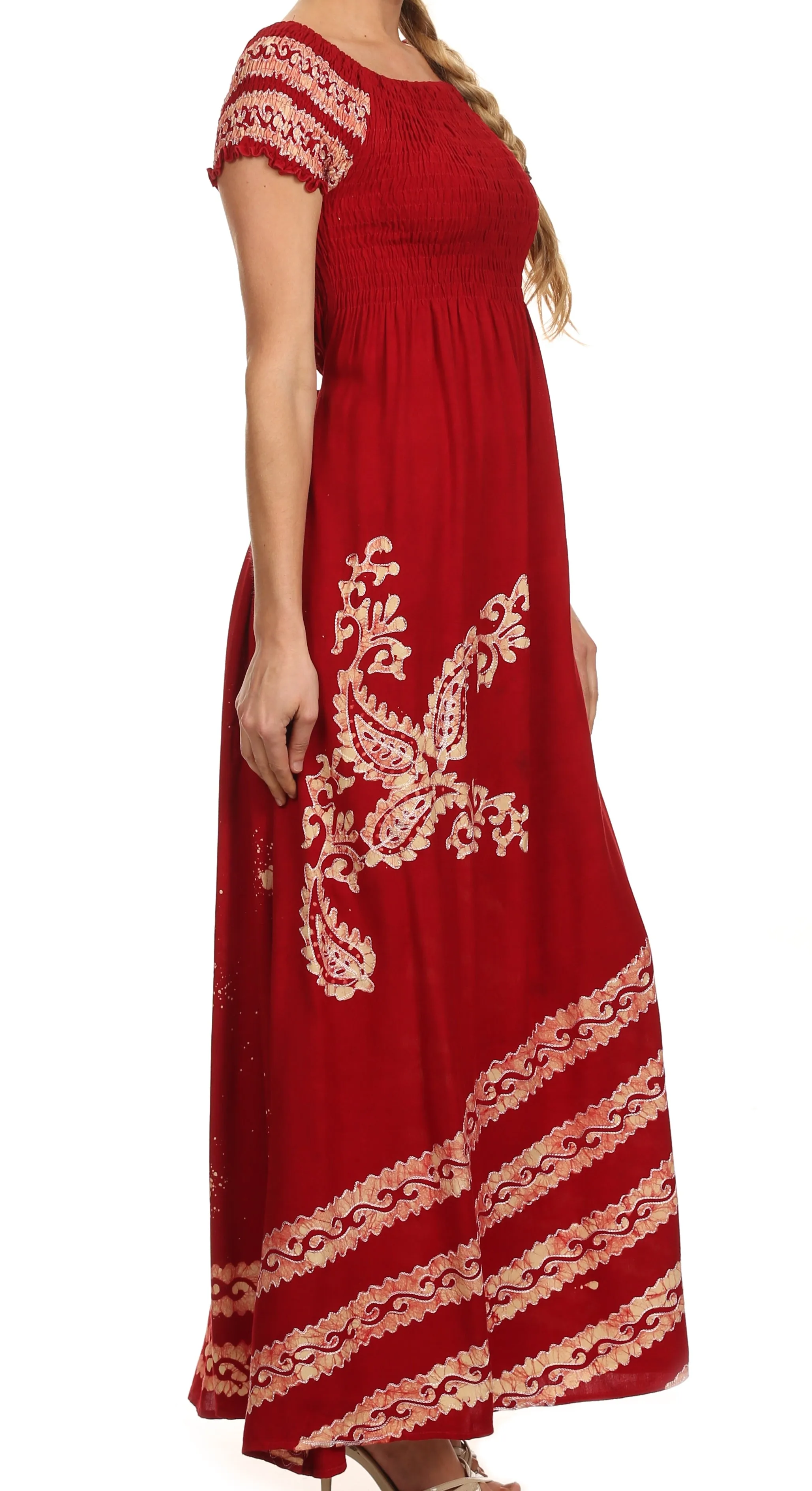 Sakkas Embroidered Batik Smocked Bodice Long Maxi Dress