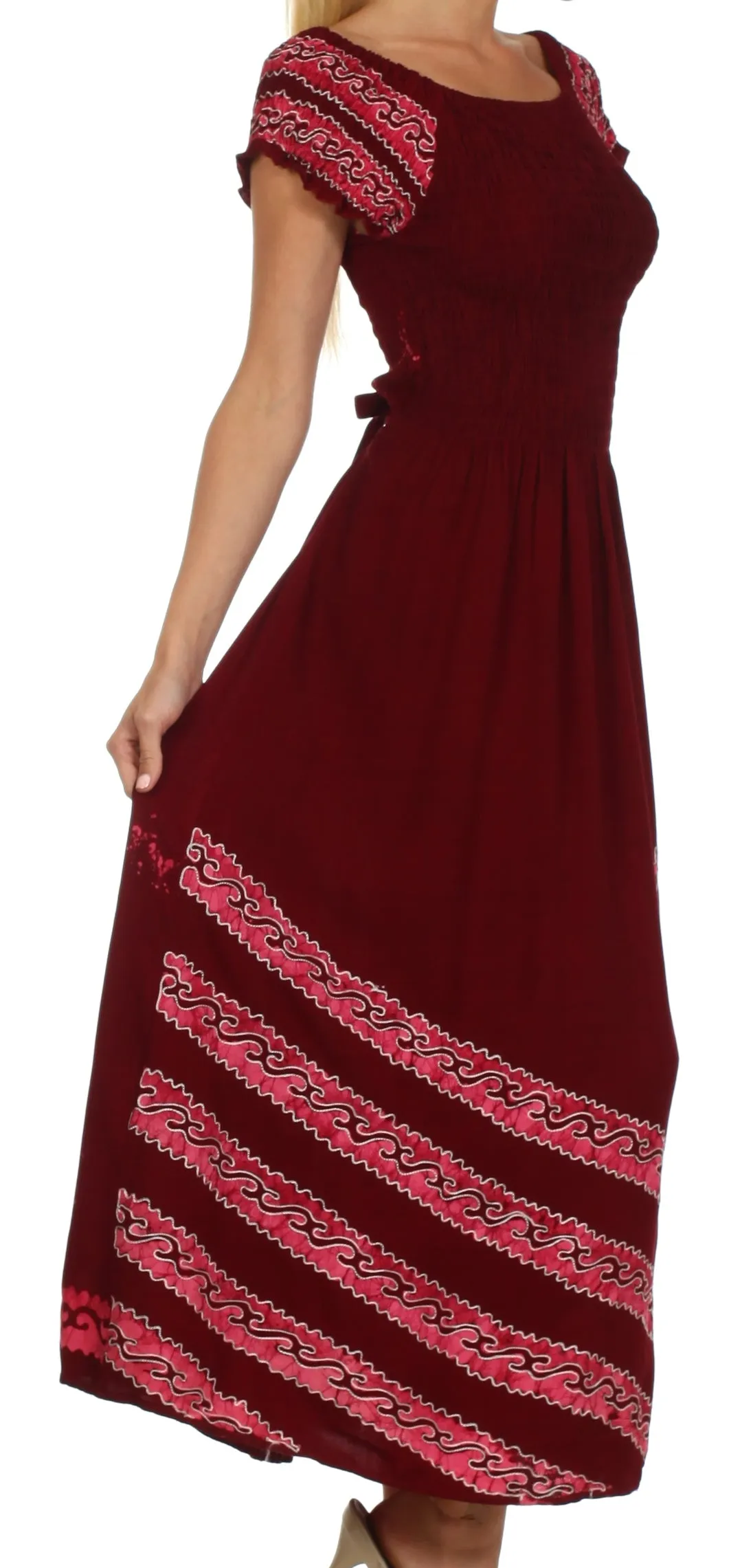 Sakkas Embroidered Batik Smocked Bodice Long Maxi Dress