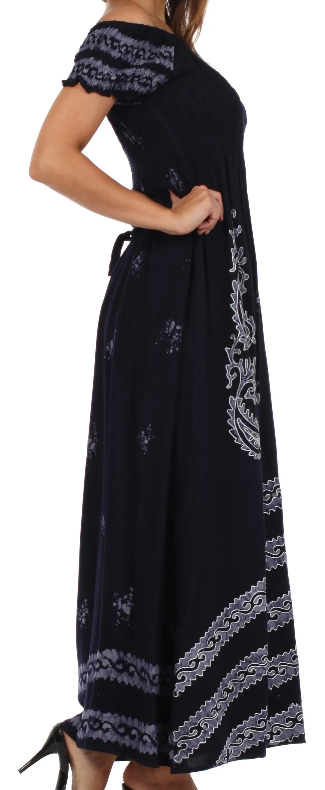 Sakkas Embroidered Batik Smocked Bodice Long Maxi Dress