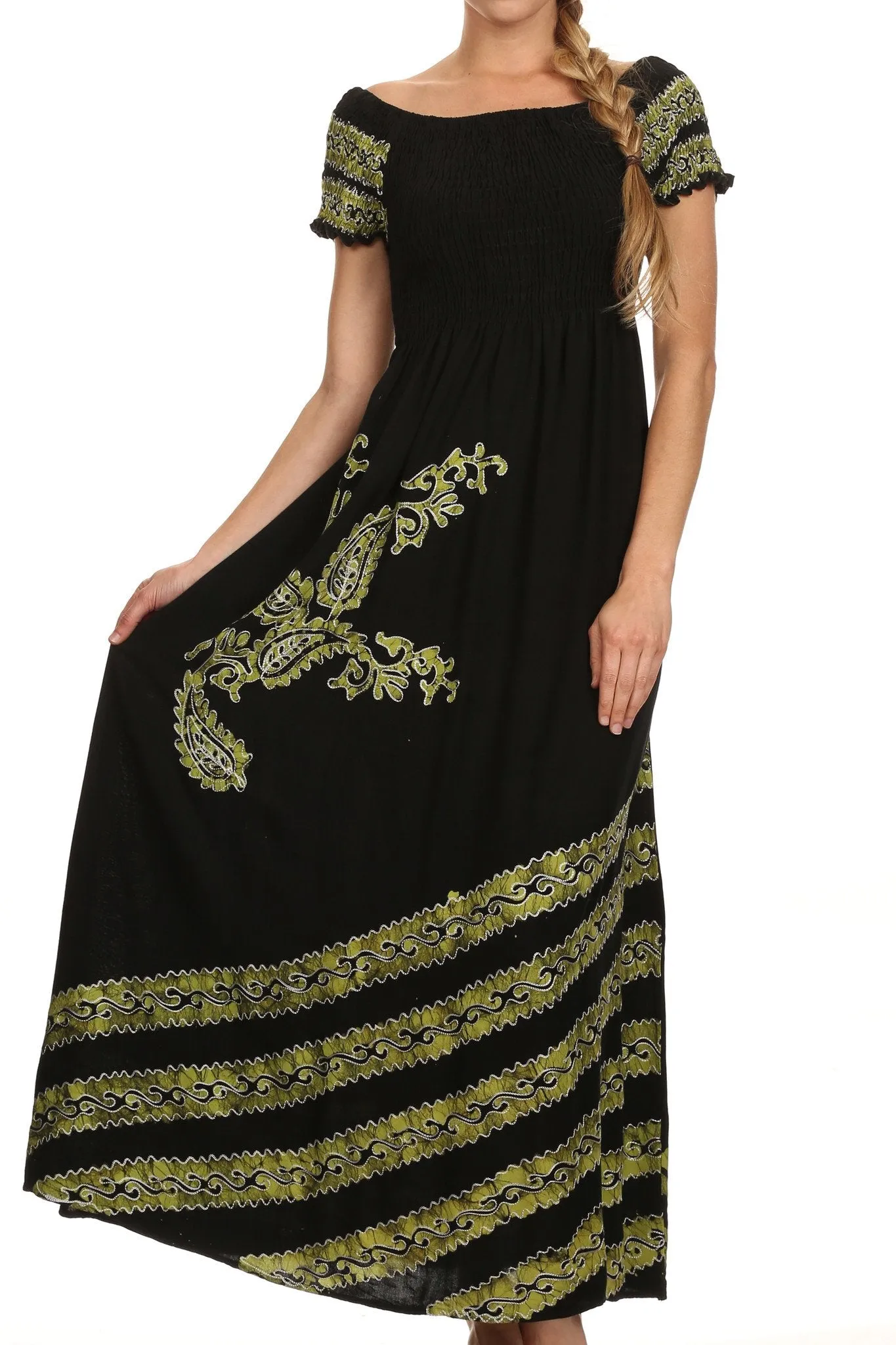 Sakkas Embroidered Batik Smocked Bodice Long Maxi Dress