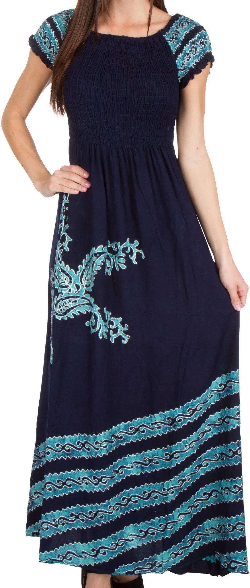 Sakkas Embroidered Batik Smocked Bodice Long Maxi Dress