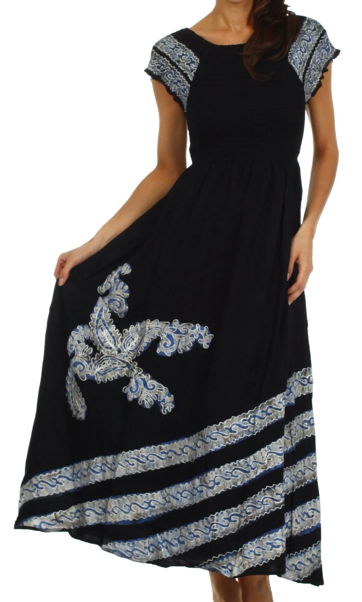 Sakkas Embroidered Batik Smocked Bodice Long Maxi Dress