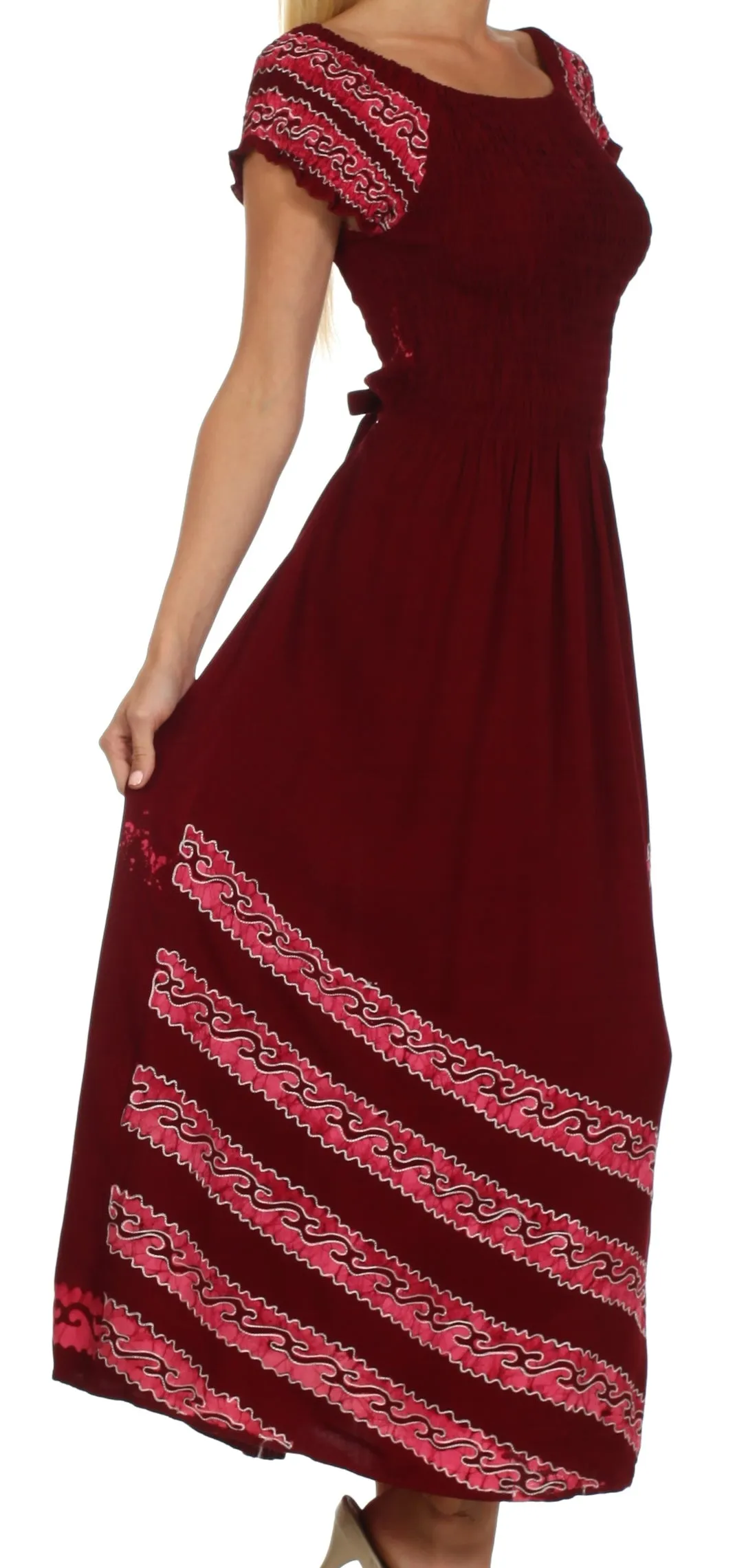 Sakkas Embroidered Batik Smocked Bodice Long Maxi Dress