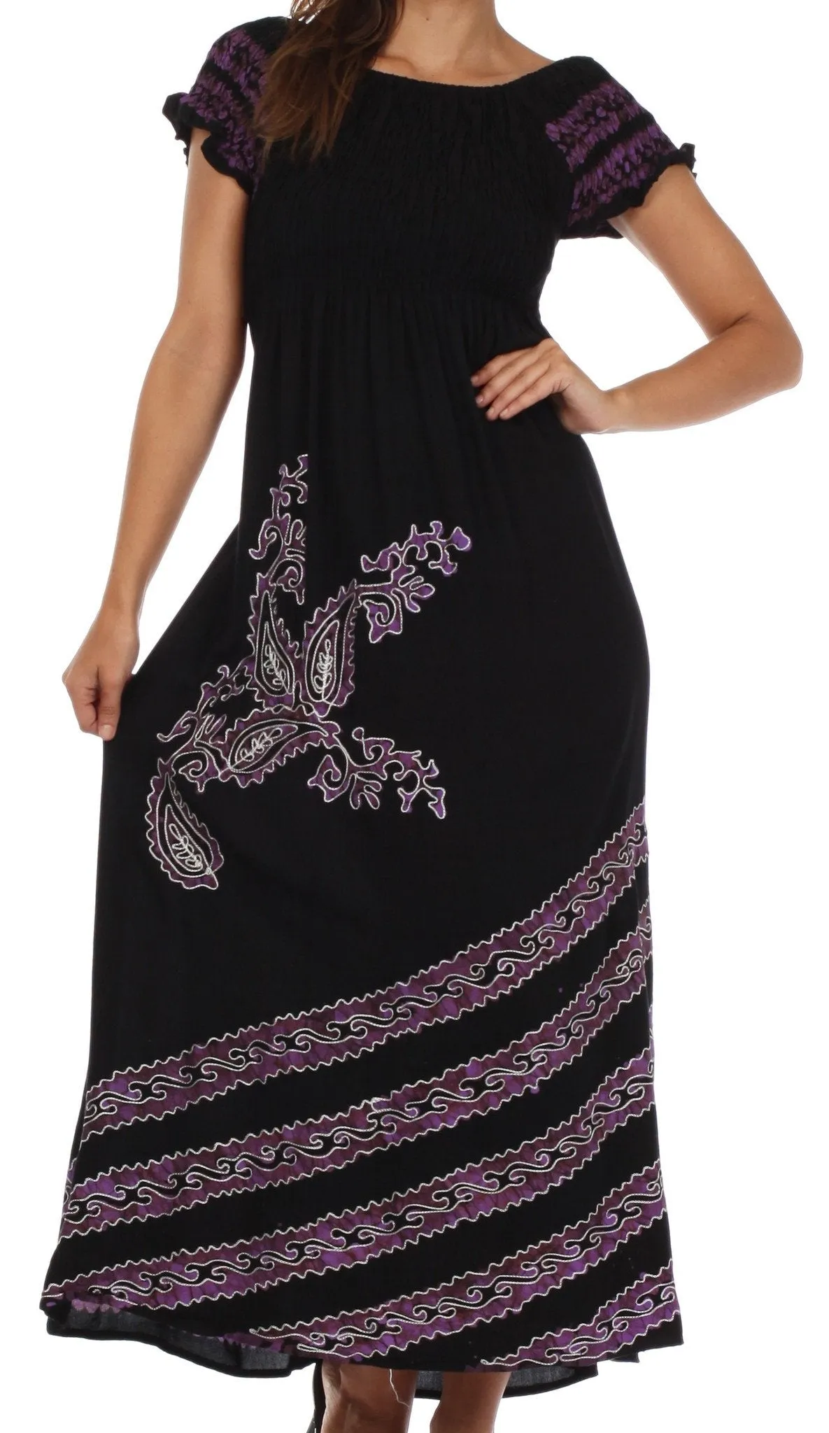 Sakkas Embroidered Batik Smocked Bodice Long Maxi Dress