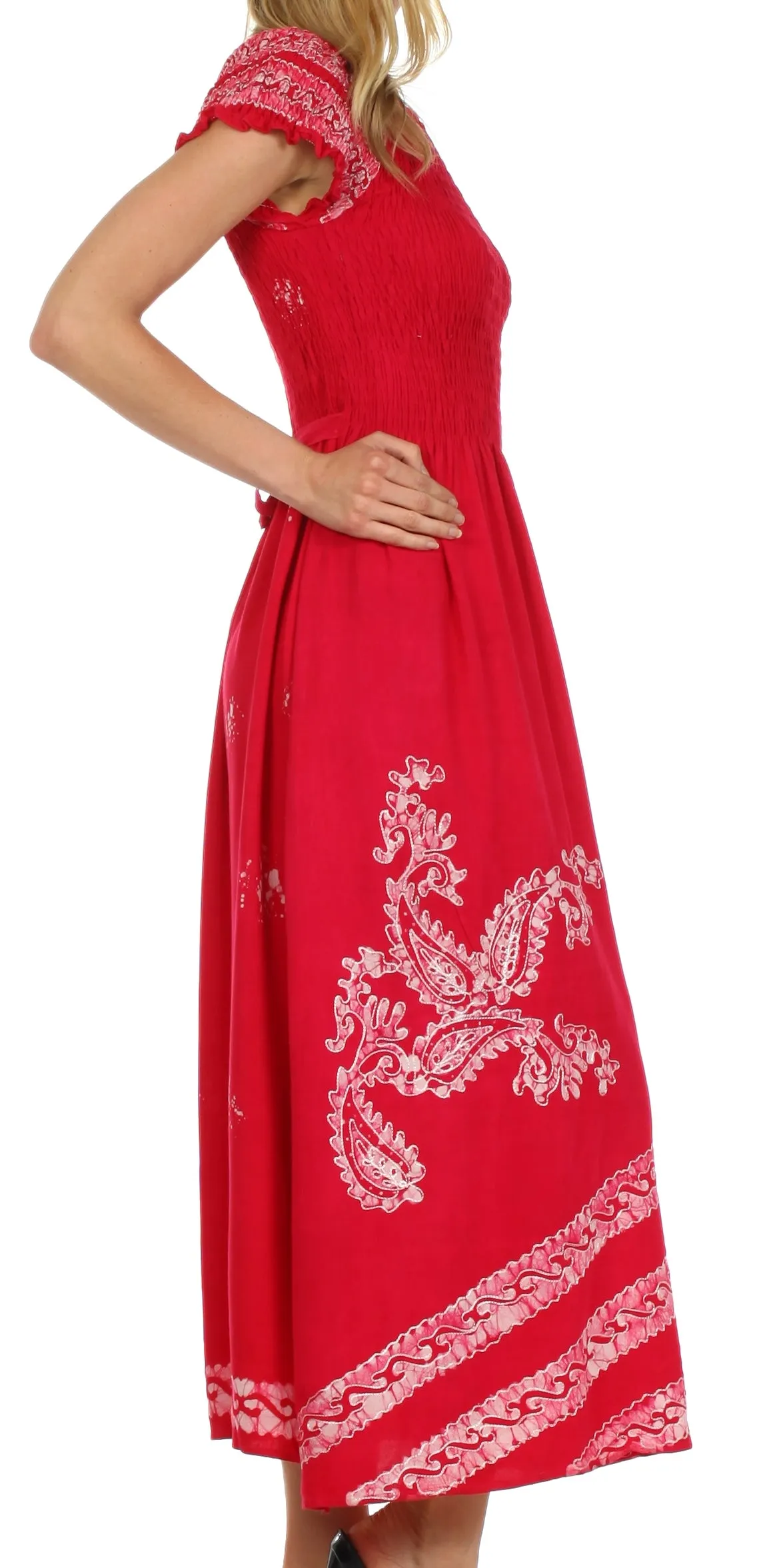 Sakkas Embroidered Batik Smocked Bodice Long Maxi Dress