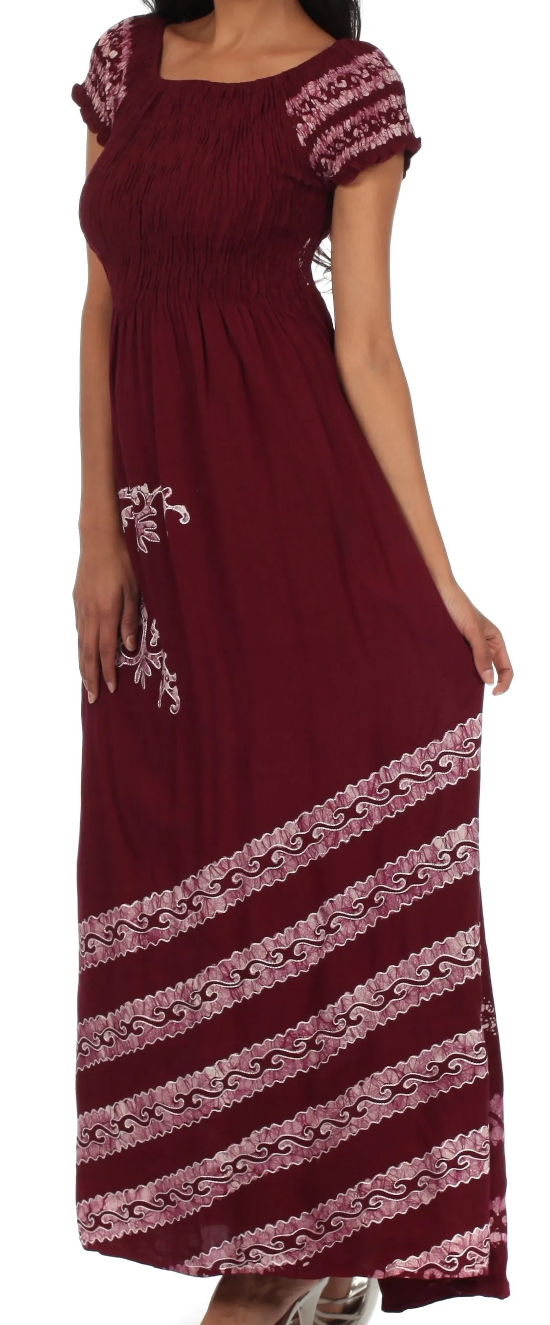 Sakkas Embroidered Batik Smocked Bodice Long Maxi Dress